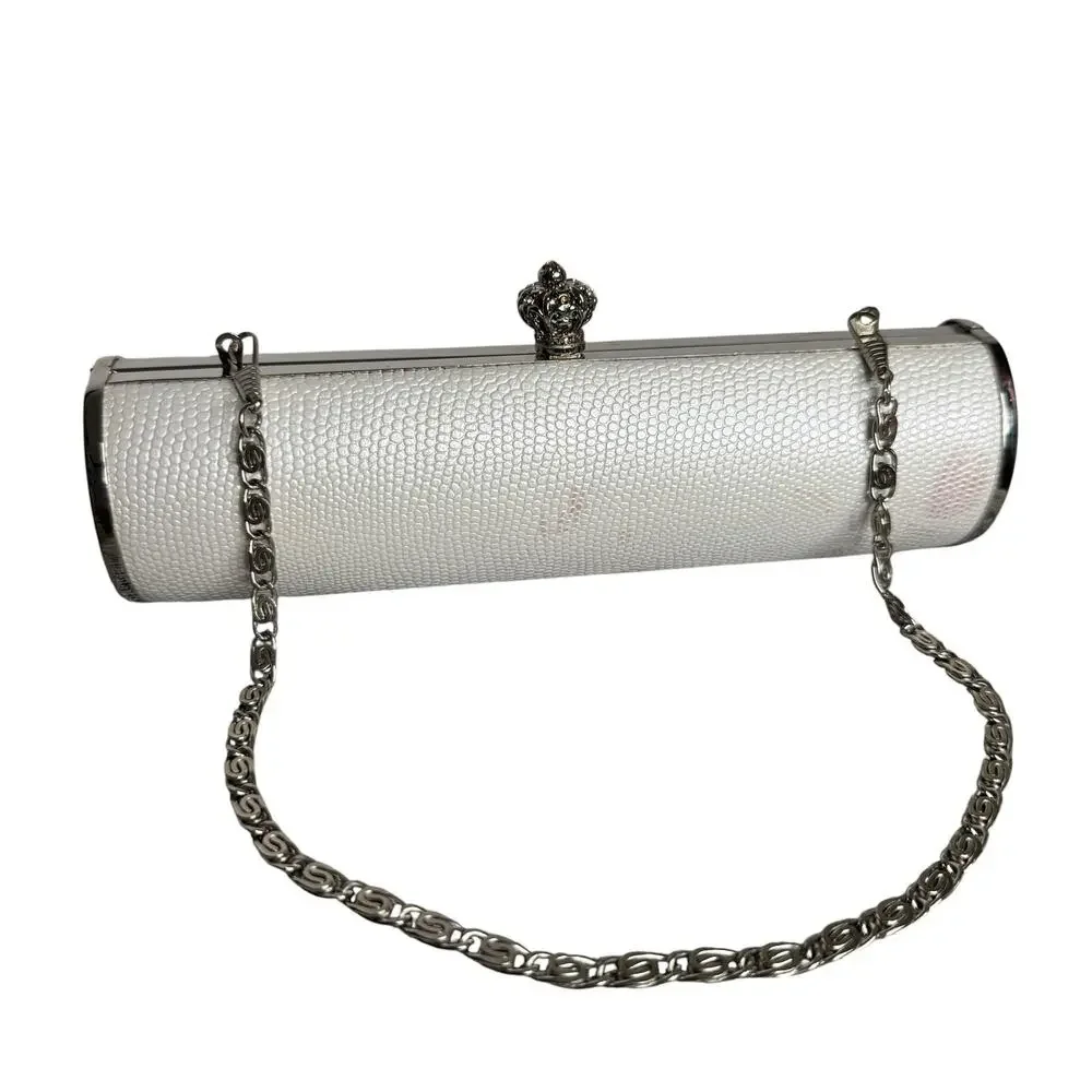 Y2K White Faux Snakeskin Rhinestone Kiss Lock Evening Clutch Chain Bag